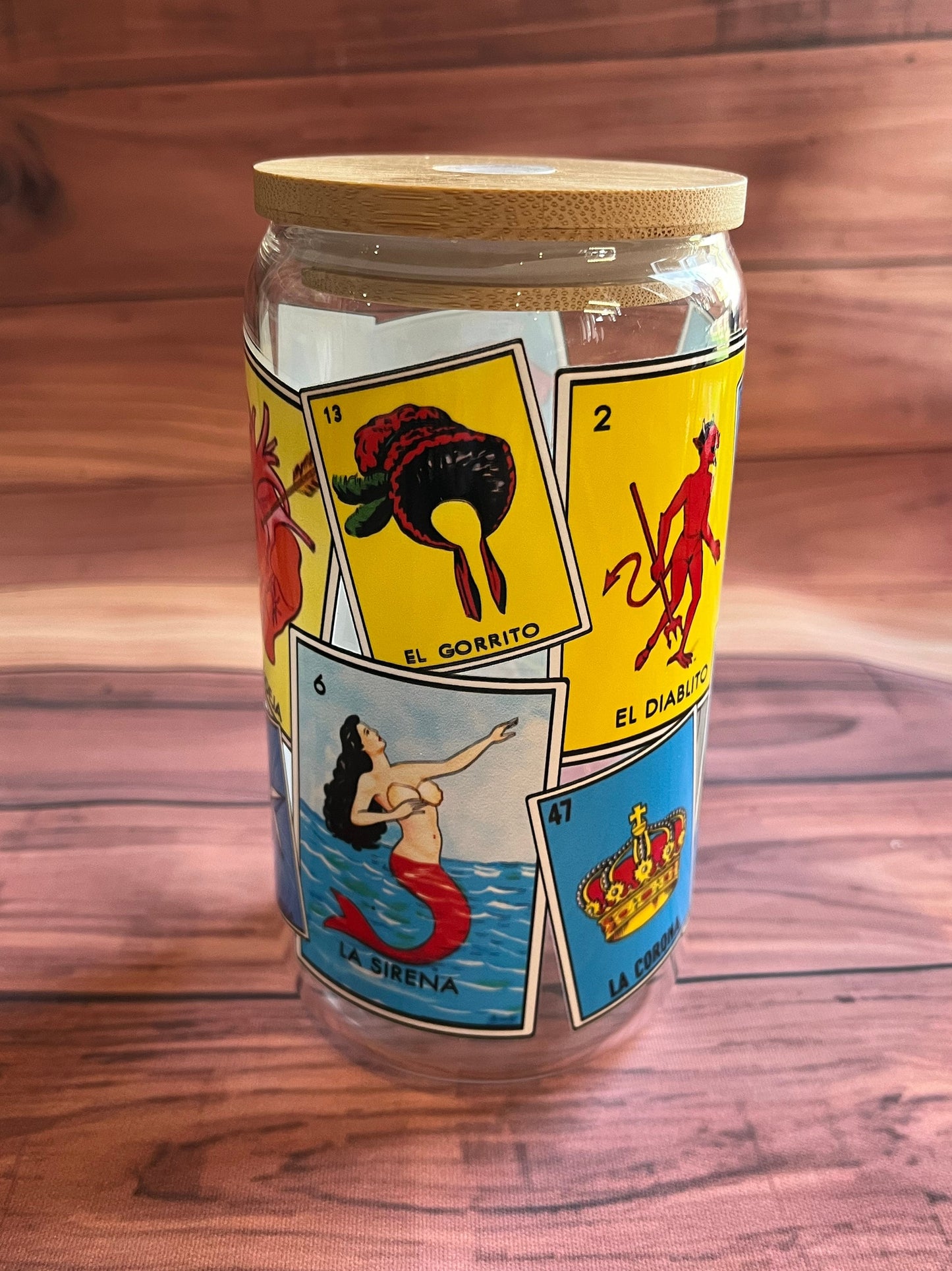 Mexican glass, mexican can, loteria glass, mexican loteria, el corazon, la sirena, beer glass, beer can glass