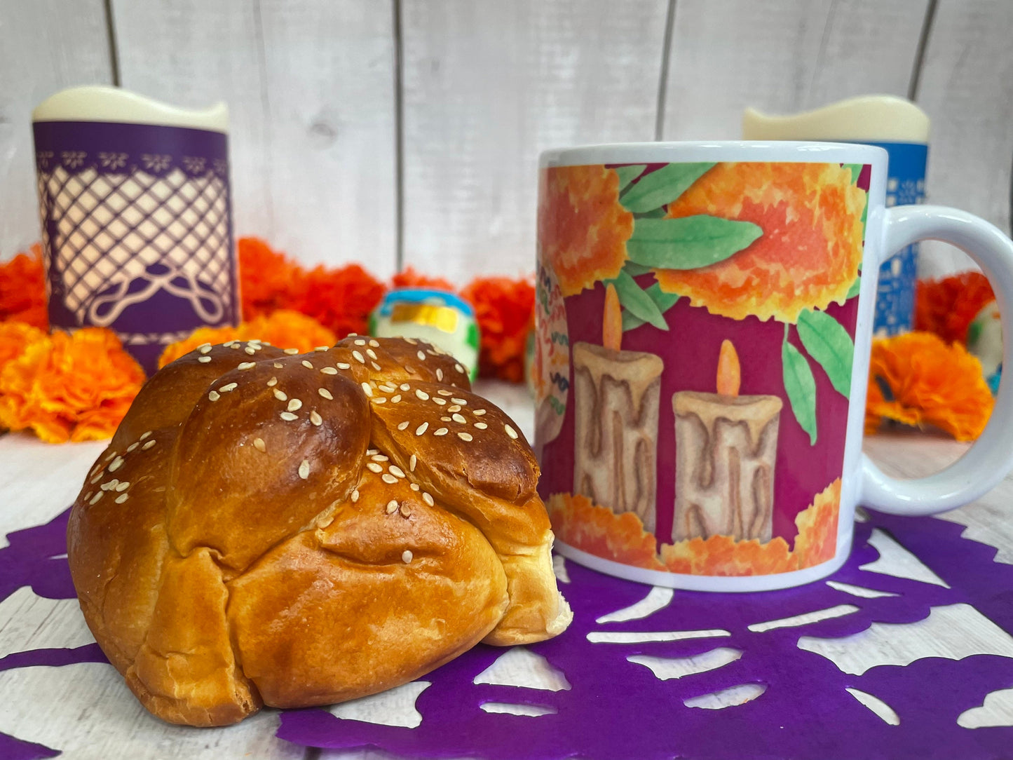 Day of the dead mug, Halloween mug, Mexican mug, pan de muerto mug, calaverita mug, skull mug, skeleton mug, ofrenda mug, cute mug