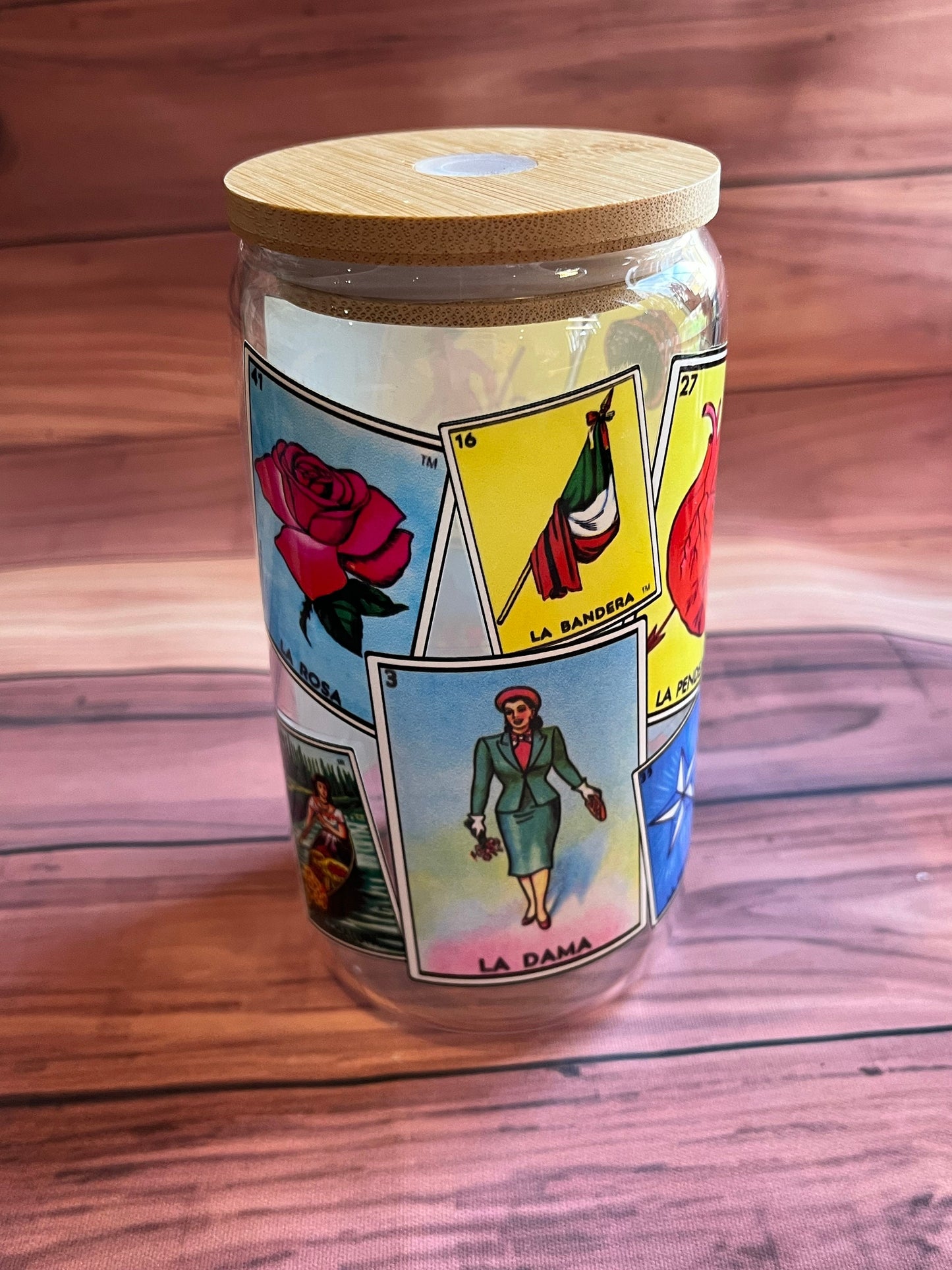 Mexican glass, mexican can, loteria glass, mexican loteria, el corazon, la sirena, beer glass, beer can glass