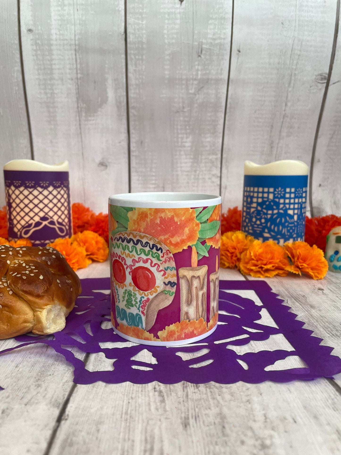 Day of the dead mug, Halloween mug, Mexican mug, pan de muerto mug, calaverita mug, skull mug, skeleton mug, ofrenda mug, cute mug