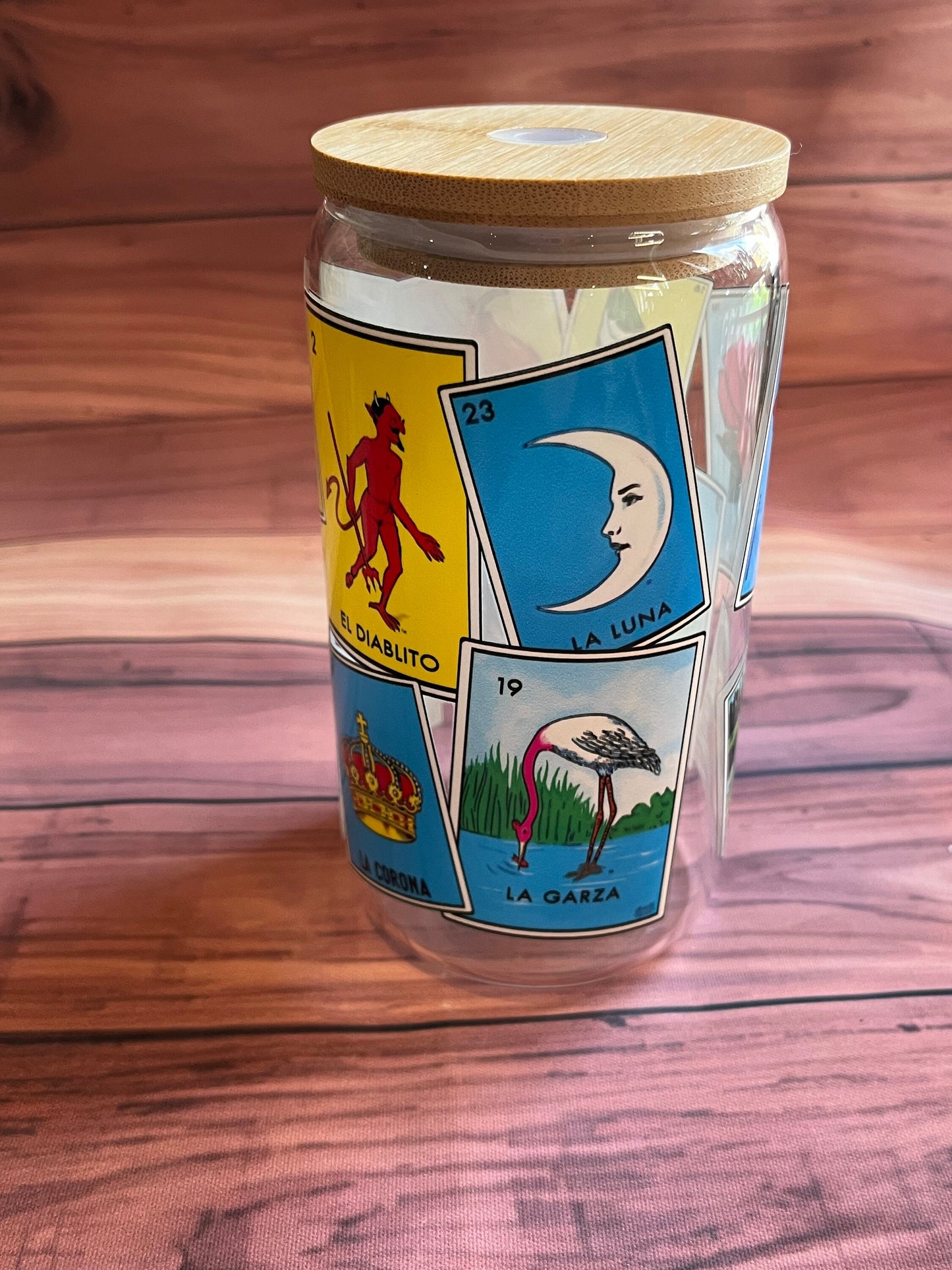 Mexican glass, mexican can, loteria glass, mexican loteria, el corazon, la sirena, beer glass, beer can glass