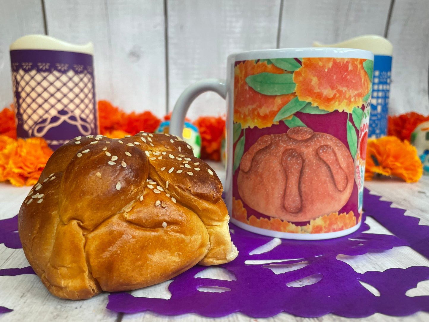 Day of the dead mug, Halloween mug, Mexican mug, pan de muerto mug, calaverita mug, skull mug, skeleton mug, ofrenda mug, cute mug