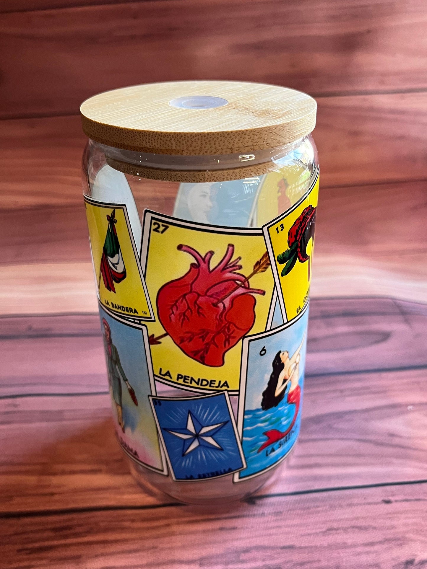 Mexican glass, mexican can, loteria glass, mexican loteria, el corazon, la sirena, beer glass, beer can glass