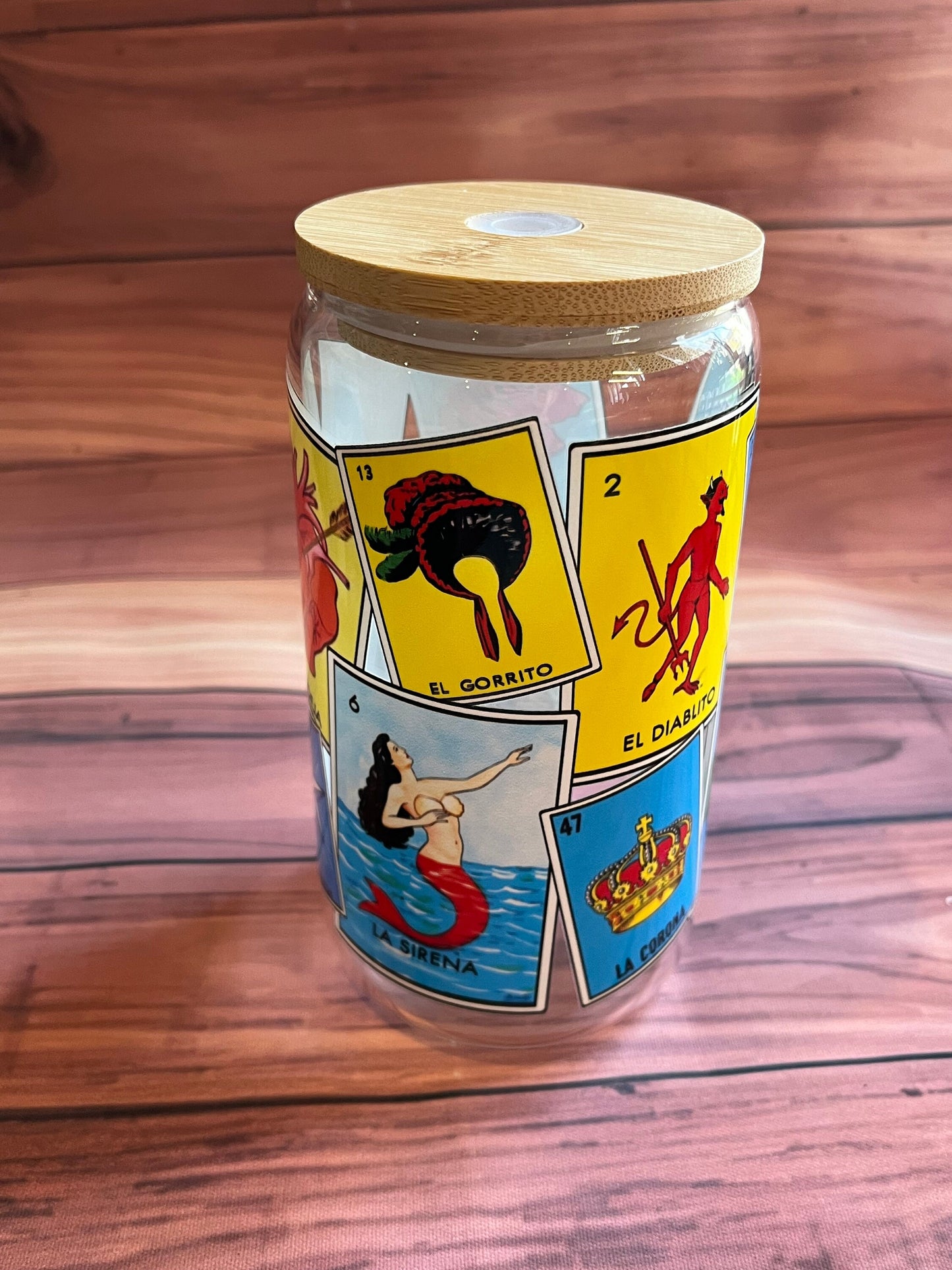 Mexican glass, mexican can, loteria glass, mexican loteria, el corazon, la sirena, beer glass, beer can glass