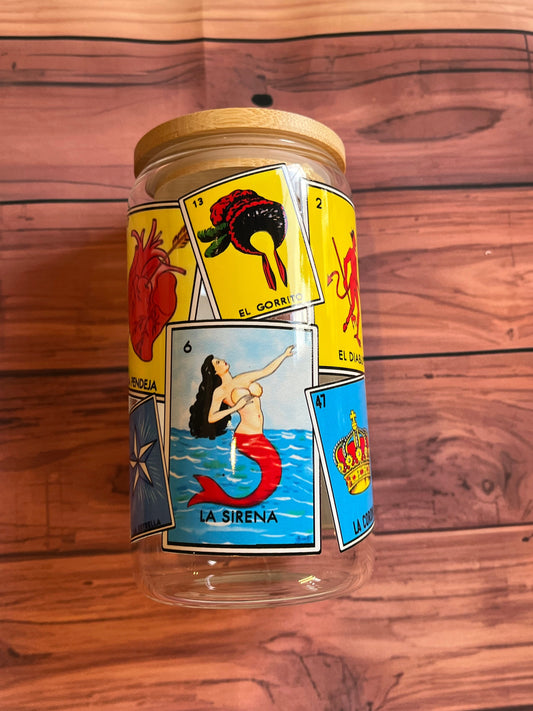 Mexican glass, mexican can, loteria glass, mexican loteria, el corazon, la sirena, beer glass, beer can glass