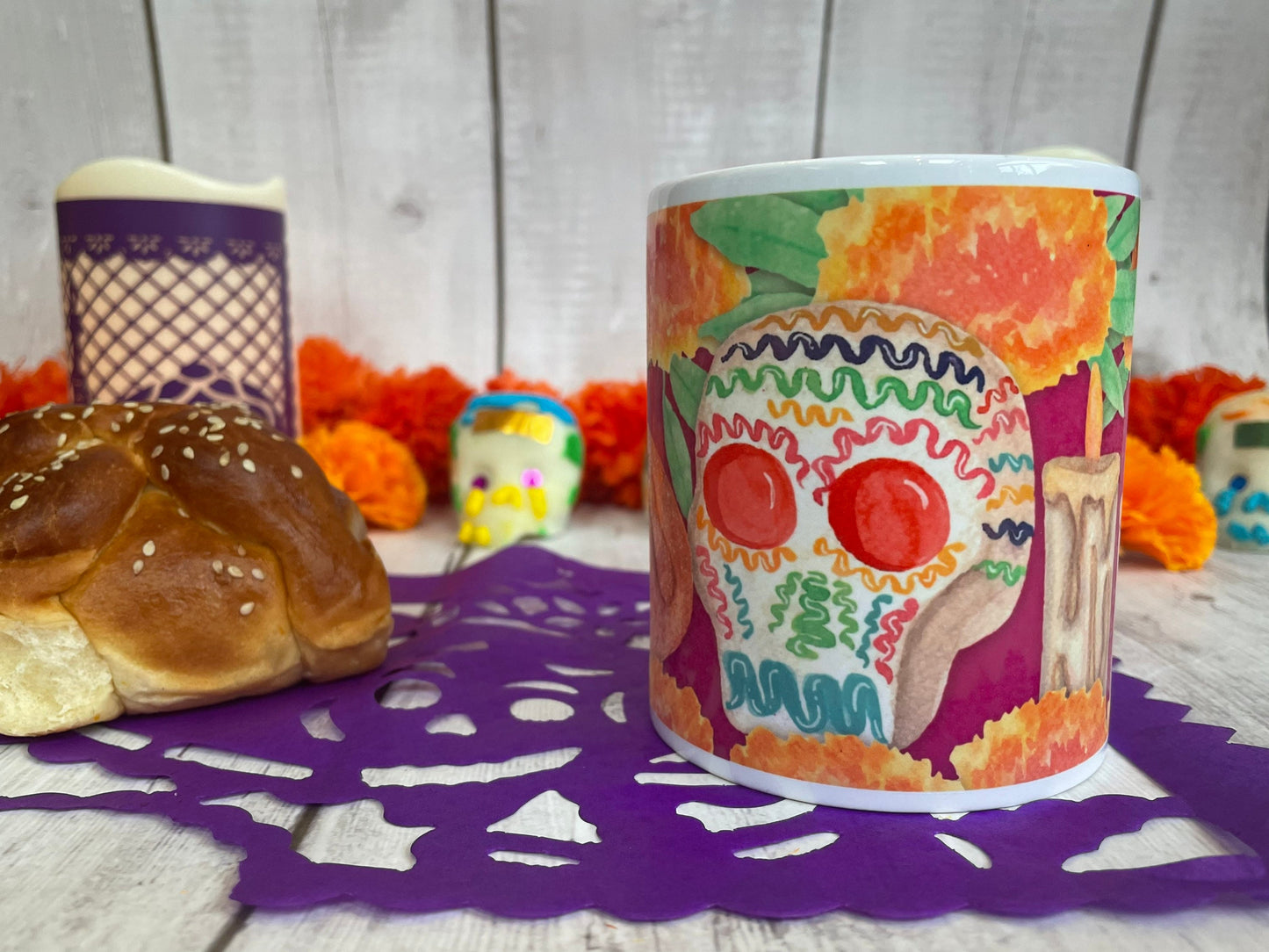 Day of the dead mug, Halloween mug, Mexican mug, pan de muerto mug, calaverita mug, skull mug, skeleton mug, ofrenda mug, cute mug